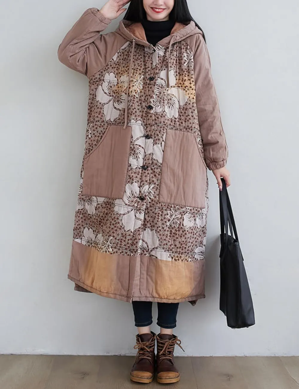 Women Winter Cotton Padded Long Coat Plus Size Button Hoody Jacket Floral Print Outwear