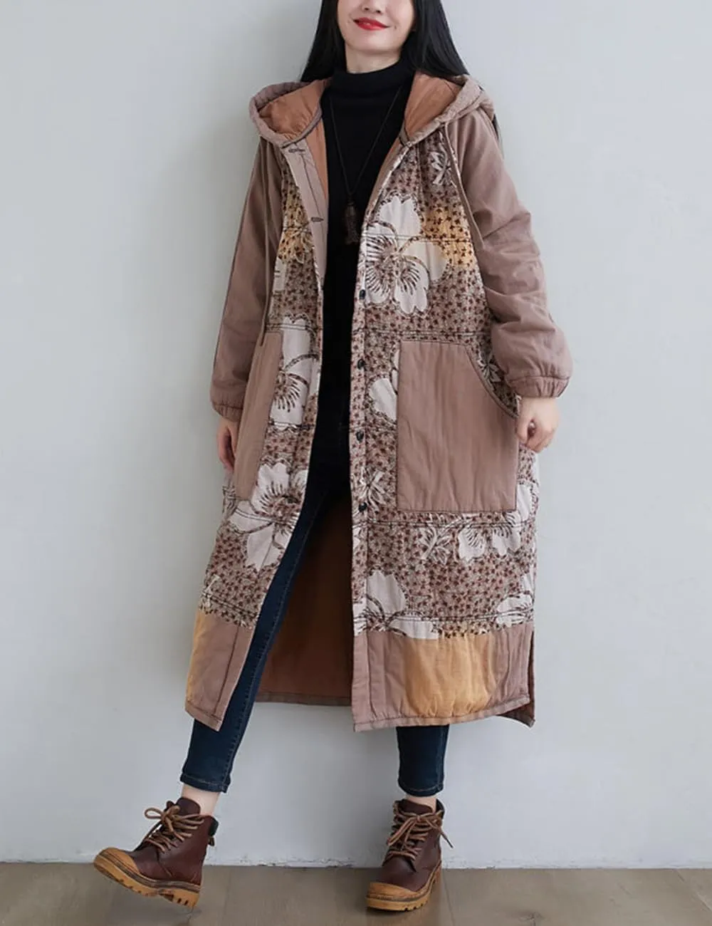 Women Winter Cotton Padded Long Coat Plus Size Button Hoody Jacket Floral Print Outwear