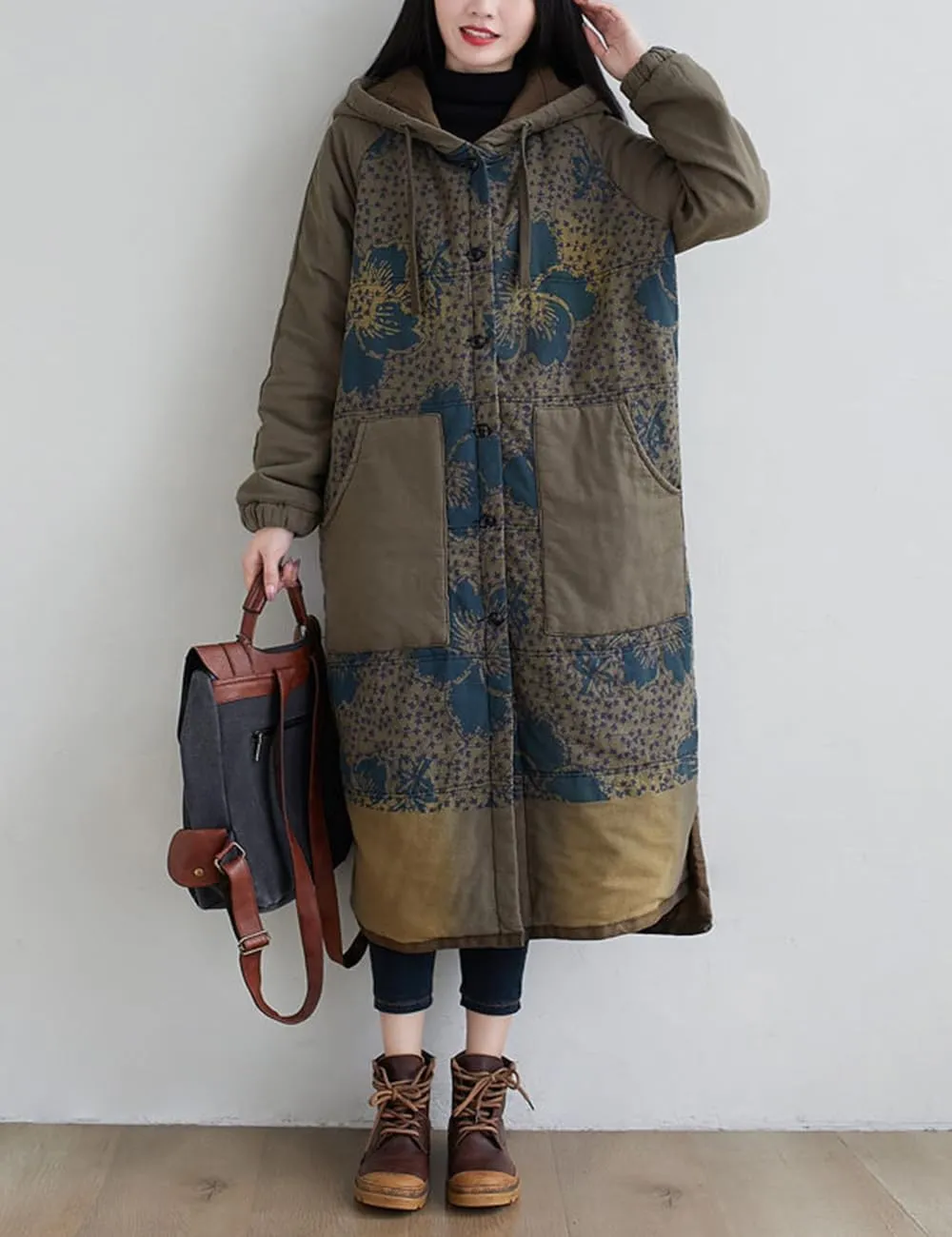 Women Winter Cotton Padded Long Coat Plus Size Button Hoody Jacket Floral Print Outwear