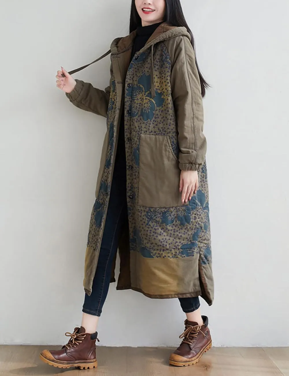 Women Winter Cotton Padded Long Coat Plus Size Button Hoody Jacket Floral Print Outwear