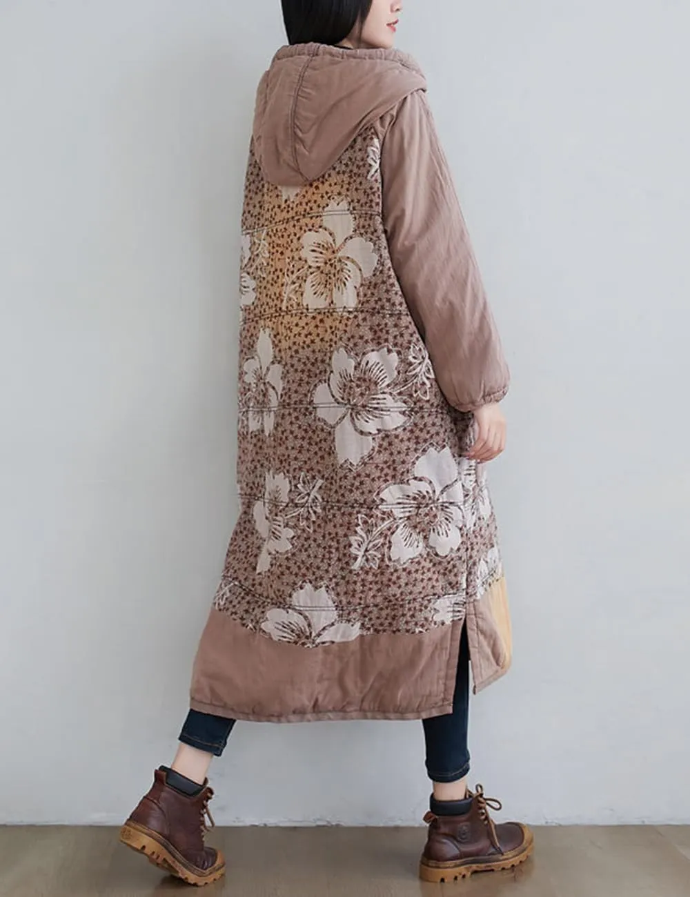 Women Winter Cotton Padded Long Coat Plus Size Button Hoody Jacket Floral Print Outwear
