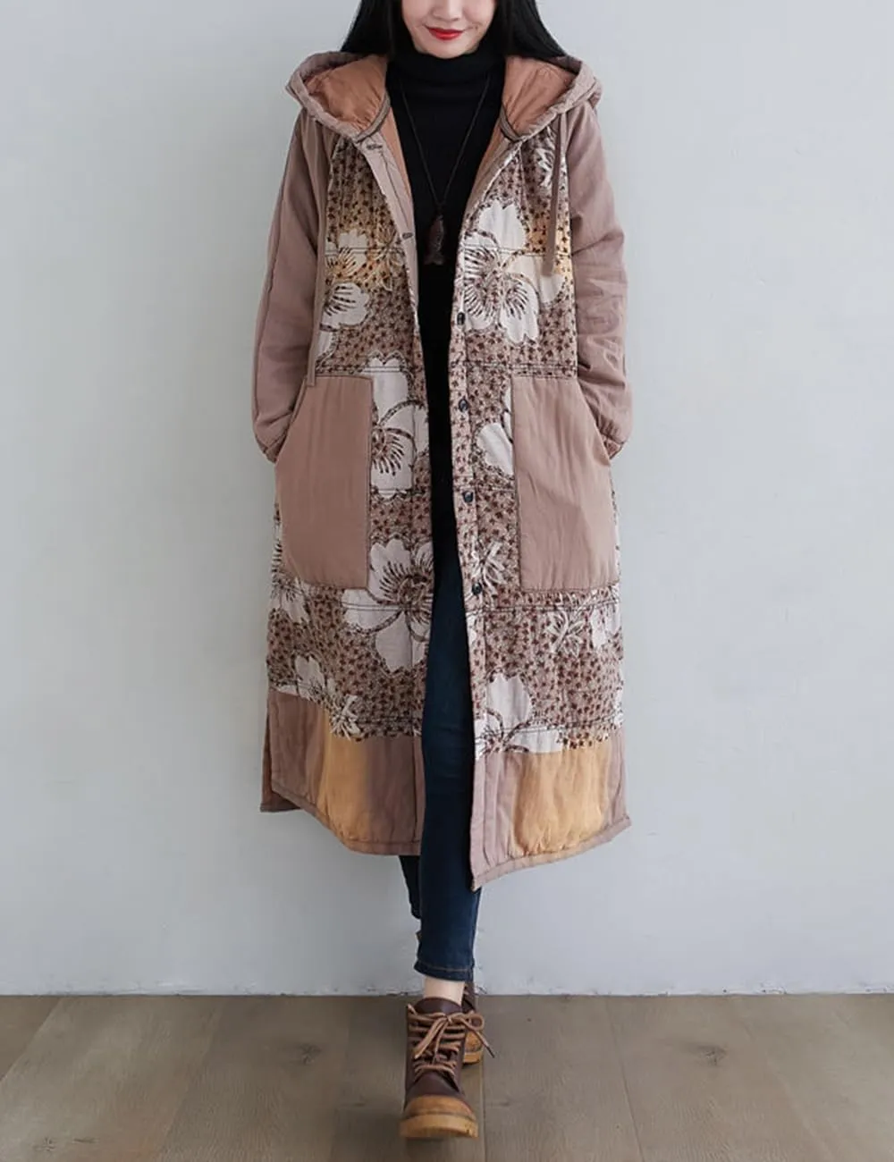 Women Winter Cotton Padded Long Coat Plus Size Button Hoody Jacket Floral Print Outwear