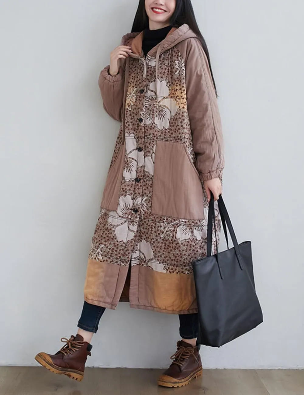 Women Winter Cotton Padded Long Coat Plus Size Button Hoody Jacket Floral Print Outwear