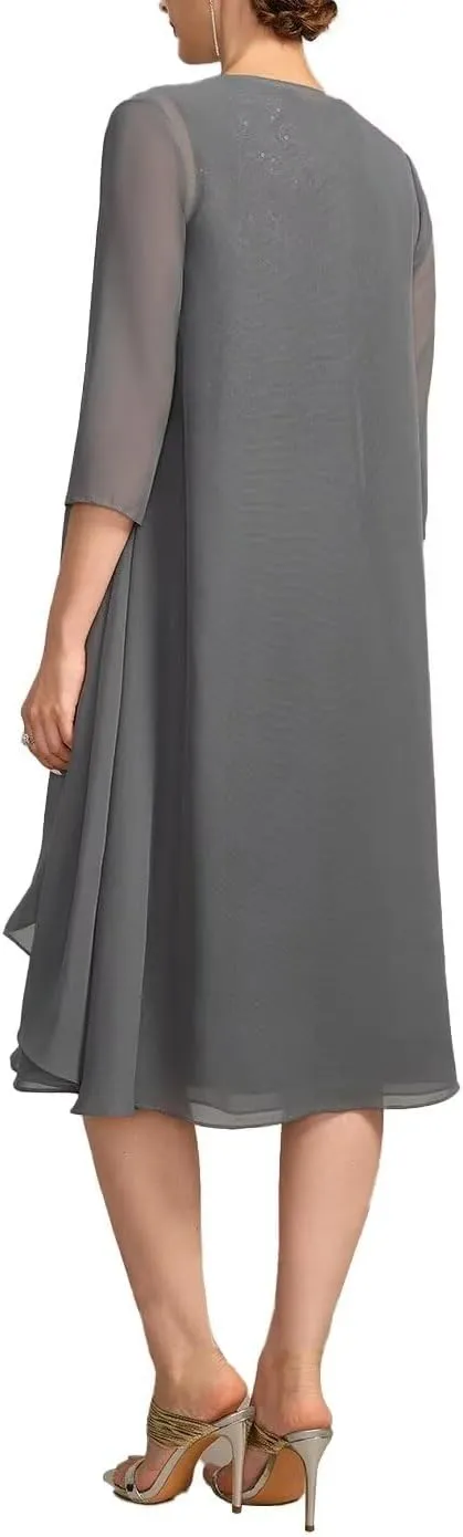 Women's 2 Pieces Mother of The Bride Dress for Wedding with Jacket Sleeves Formal Dress
