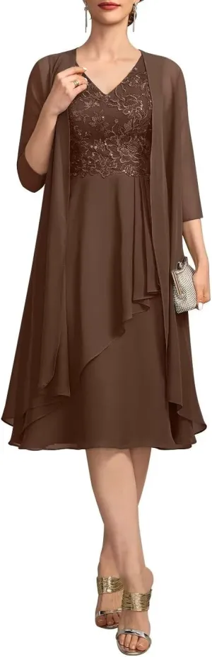 Women's 2 Pieces Mother of The Bride Dress for Wedding with Jacket Sleeves Formal Dress