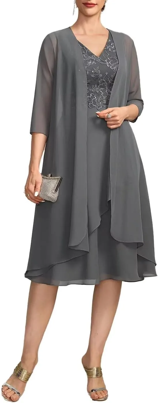 Women's 2 Pieces Mother of The Bride Dress for Wedding with Jacket Sleeves Formal Dress