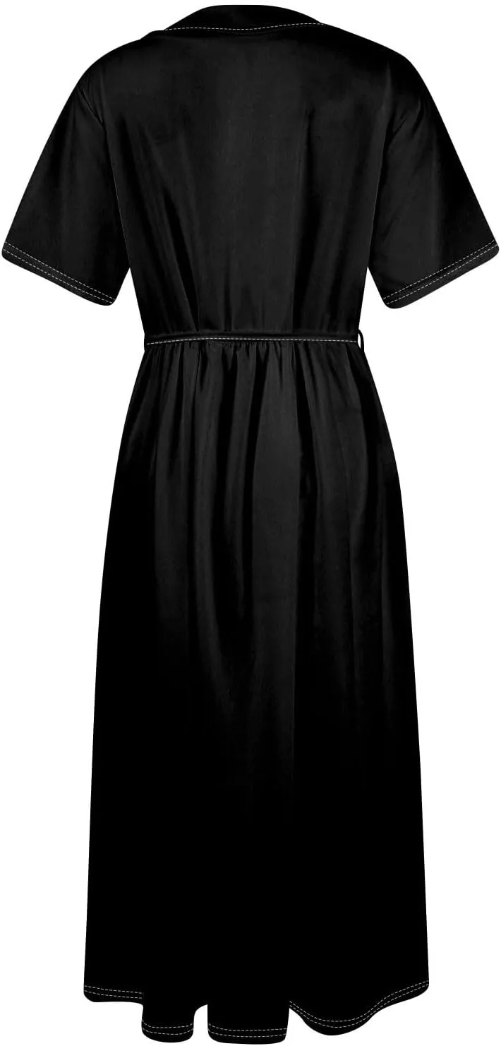 Women's 2024 Spring Summer Loose Casual Solid Floral Print V Neck Buttons Short Sleeve Boho Midi Beach Dress