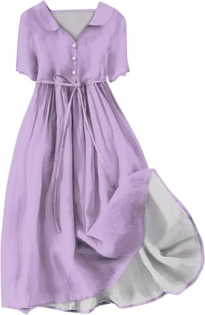 Women's 2024 Spring Summer Loose Casual Solid Floral Print V Neck Buttons Short Sleeve Boho Midi Beach Dress