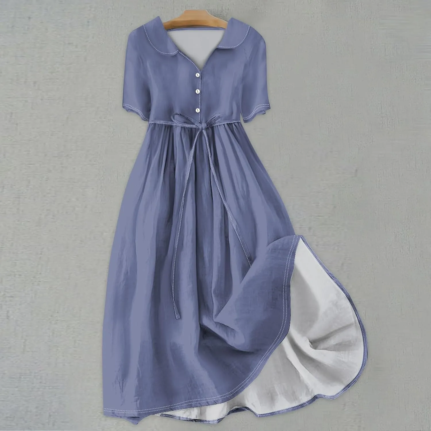 Women's 2024 Spring Summer Loose Casual Solid Floral Print V Neck Buttons Short Sleeve Boho Midi Beach Dress