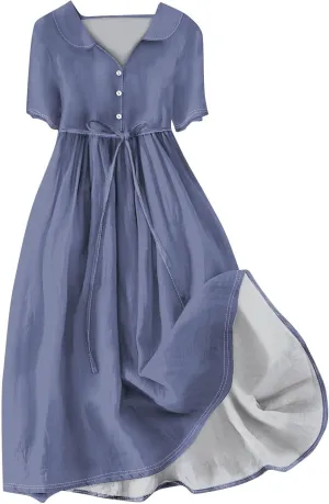 Women's 2024 Spring Summer Loose Casual Solid Floral Print V Neck Buttons Short Sleeve Boho Midi Beach Dress