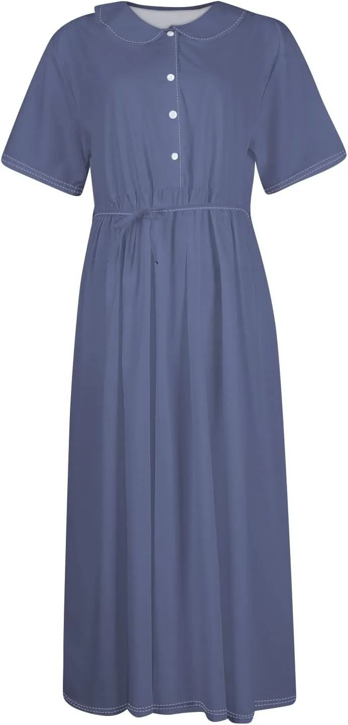 Women's 2024 Spring Summer Loose Casual Solid Floral Print V Neck Buttons Short Sleeve Boho Midi Beach Dress