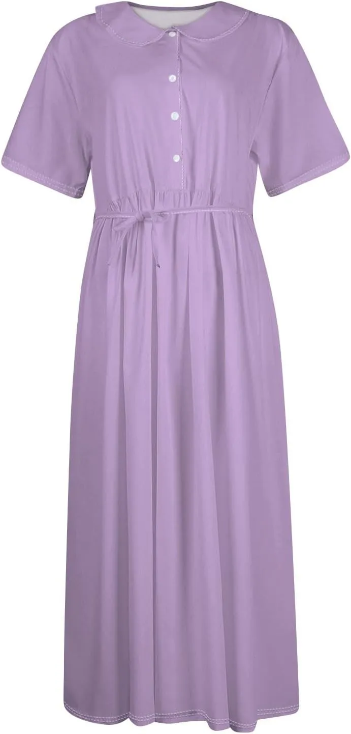 Women's 2024 Spring Summer Loose Casual Solid Floral Print V Neck Buttons Short Sleeve Boho Midi Beach Dress
