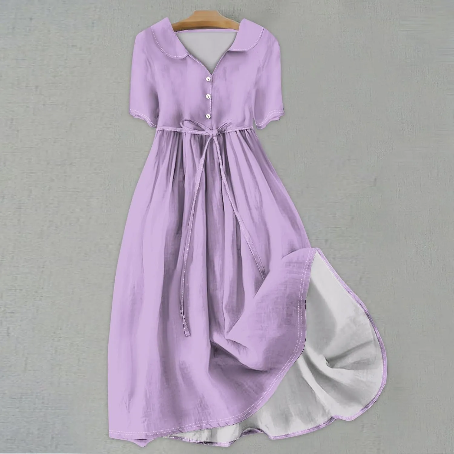 Women's 2024 Spring Summer Loose Casual Solid Floral Print V Neck Buttons Short Sleeve Boho Midi Beach Dress