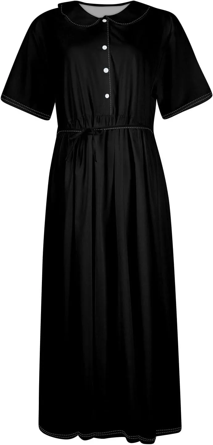 Women's 2024 Spring Summer Loose Casual Solid Floral Print V Neck Buttons Short Sleeve Boho Midi Beach Dress