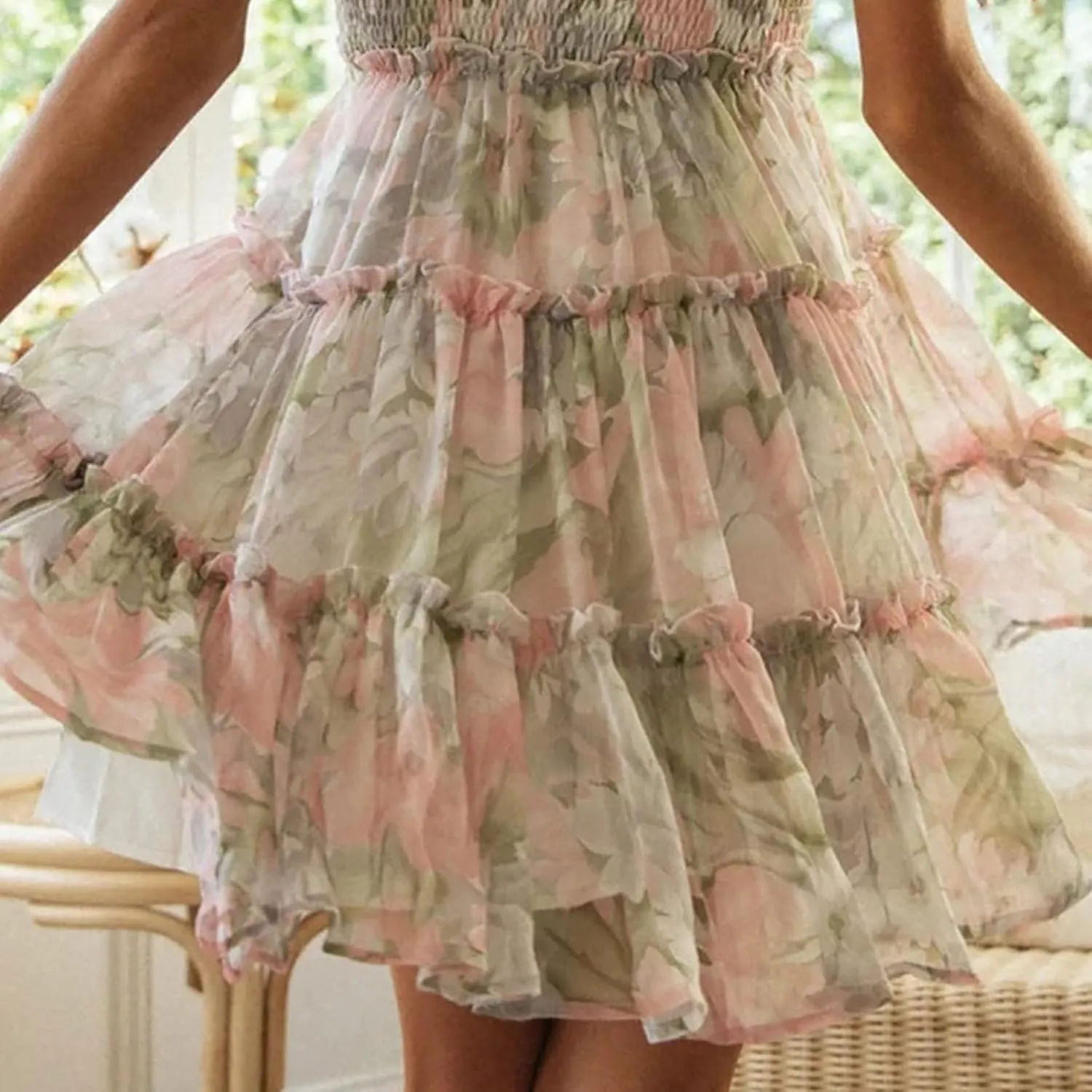 Womens 2024 Summer Floral Mini Dress Boho Flowy Skater Dresses Short Sleeveless Ruffle Backless Sling Dresses