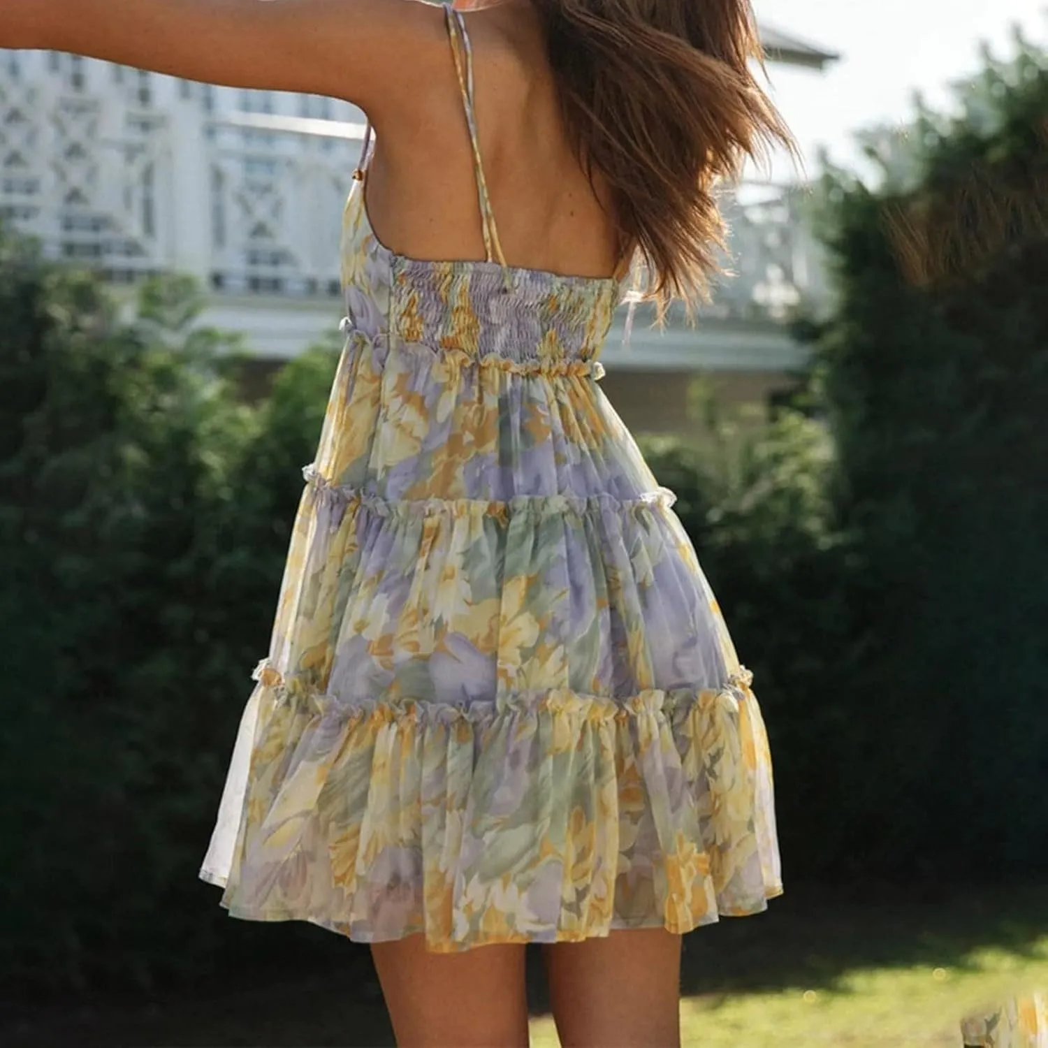 Womens 2024 Summer Floral Mini Dress Boho Flowy Skater Dresses Short Sleeveless Ruffle Backless Sling Dresses