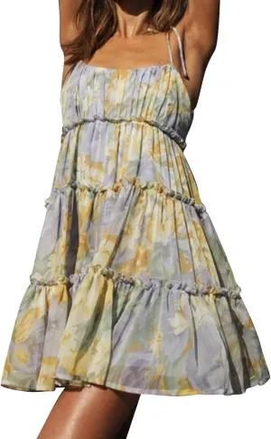 Womens 2024 Summer Floral Mini Dress Boho Flowy Skater Dresses Short Sleeveless Ruffle Backless Sling Dresses