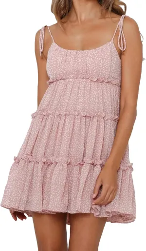 Womens 2024 Summer Floral Mini Dress Boho Flowy Skater Dresses Short Sleeveless Ruffle Backless Sling Dresses