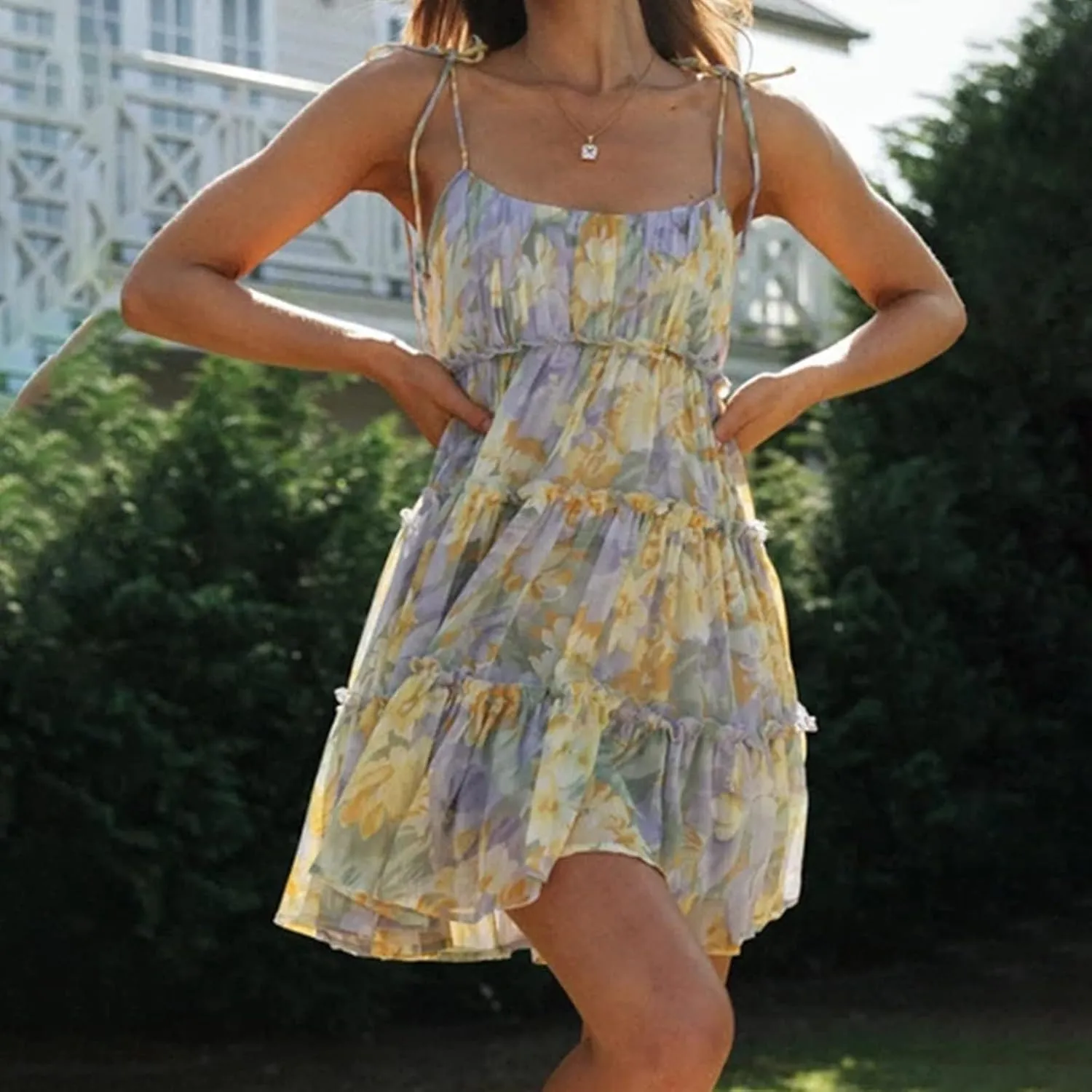 Womens 2024 Summer Floral Mini Dress Boho Flowy Skater Dresses Short Sleeveless Ruffle Backless Sling Dresses