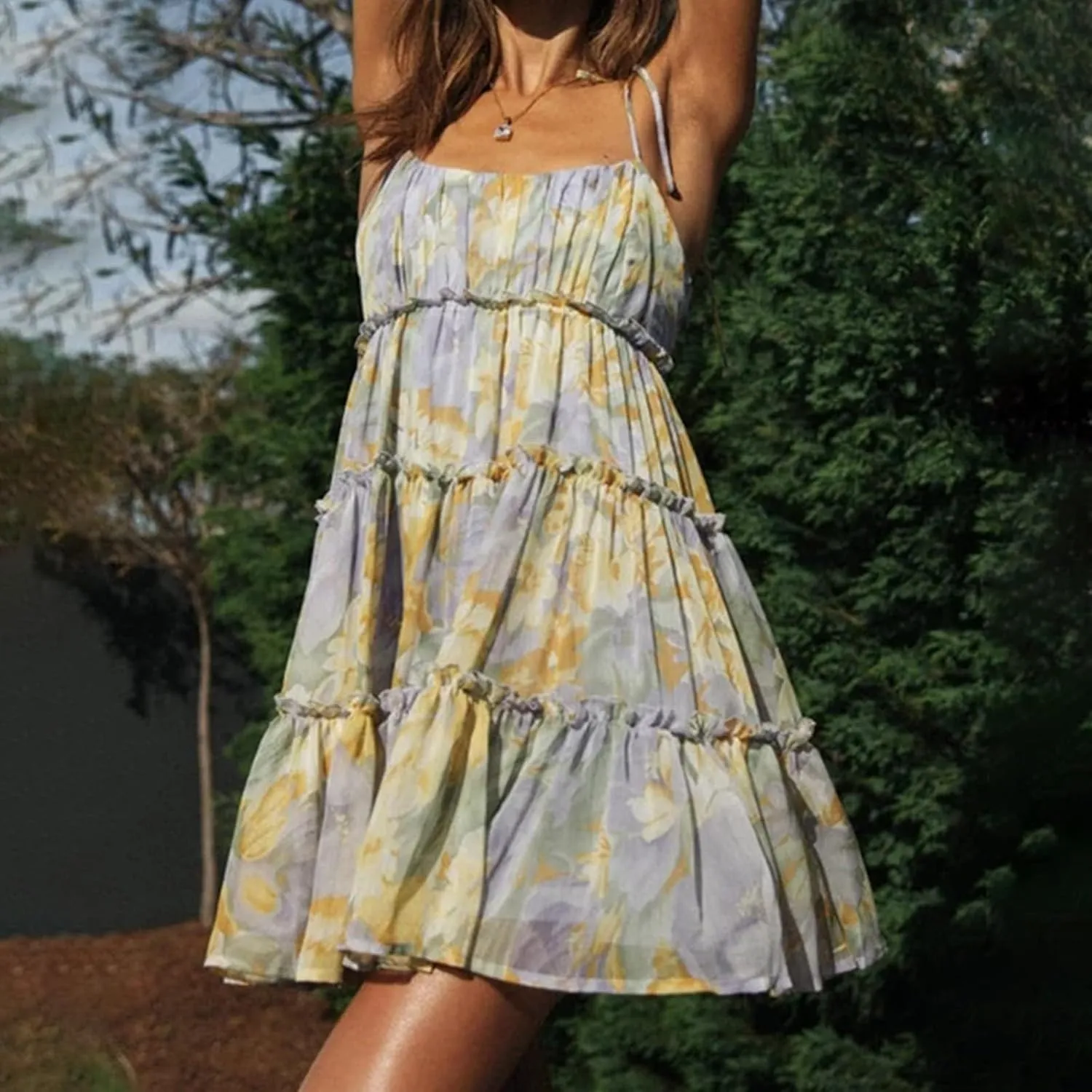 Womens 2024 Summer Floral Mini Dress Boho Flowy Skater Dresses Short Sleeveless Ruffle Backless Sling Dresses