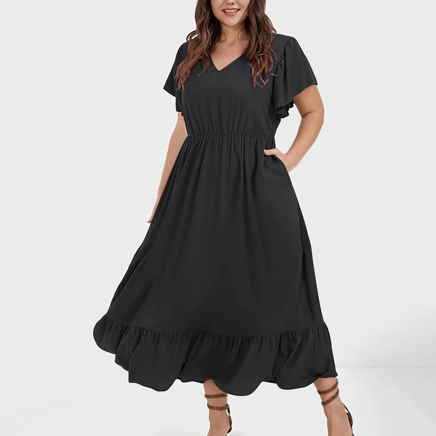Women's 2025 Summer Casual Dresses Flutter Short Sleeve Smocked Elastic Waist Tiered Midi Dress Pocket Plus L-5XL