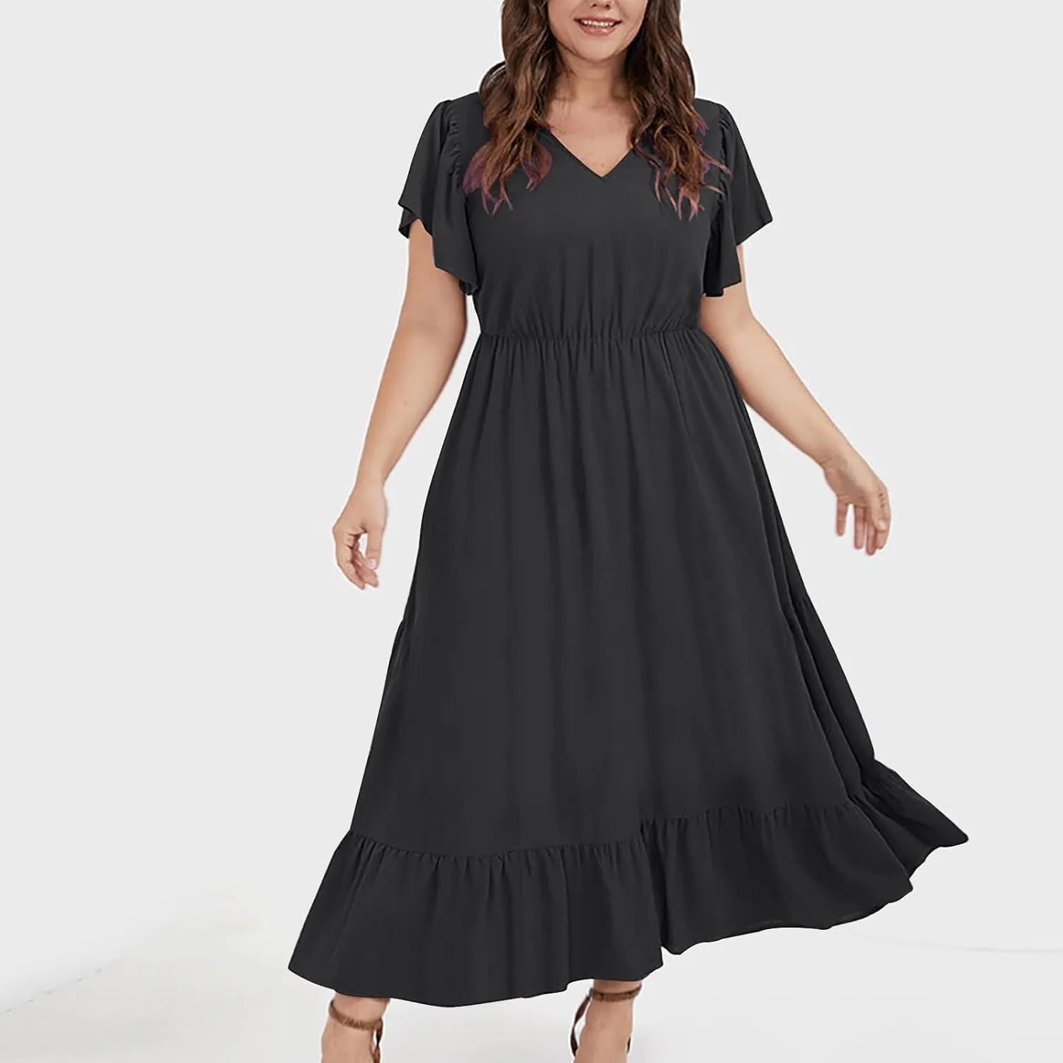 Women's 2025 Summer Casual Dresses Flutter Short Sleeve Smocked Elastic Waist Tiered Midi Dress Pocket Plus L-5XL