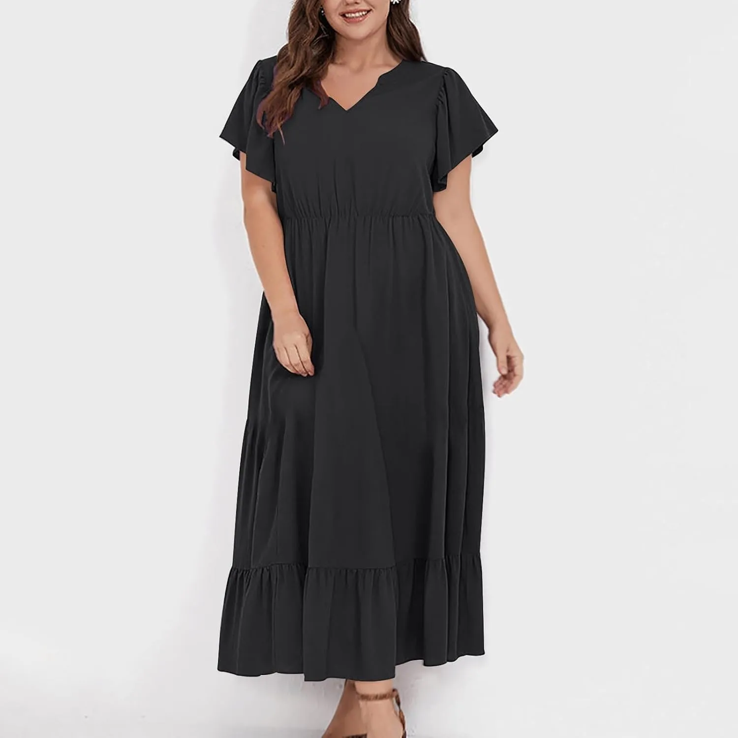 Women's 2025 Summer Casual Dresses Flutter Short Sleeve Smocked Elastic Waist Tiered Midi Dress Pocket Plus L-5XL