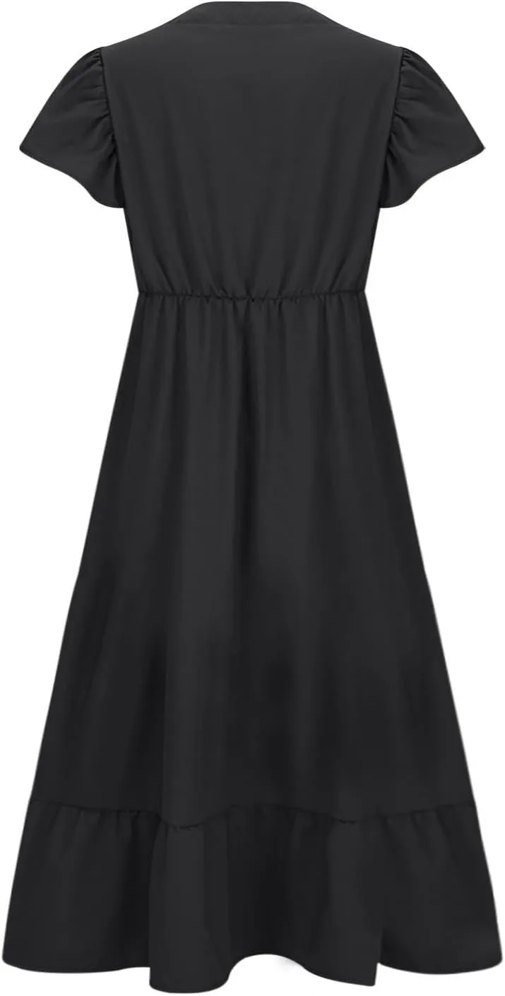 Women's 2025 Summer Casual Dresses Flutter Short Sleeve Smocked Elastic Waist Tiered Midi Dress Pocket Plus L-5XL