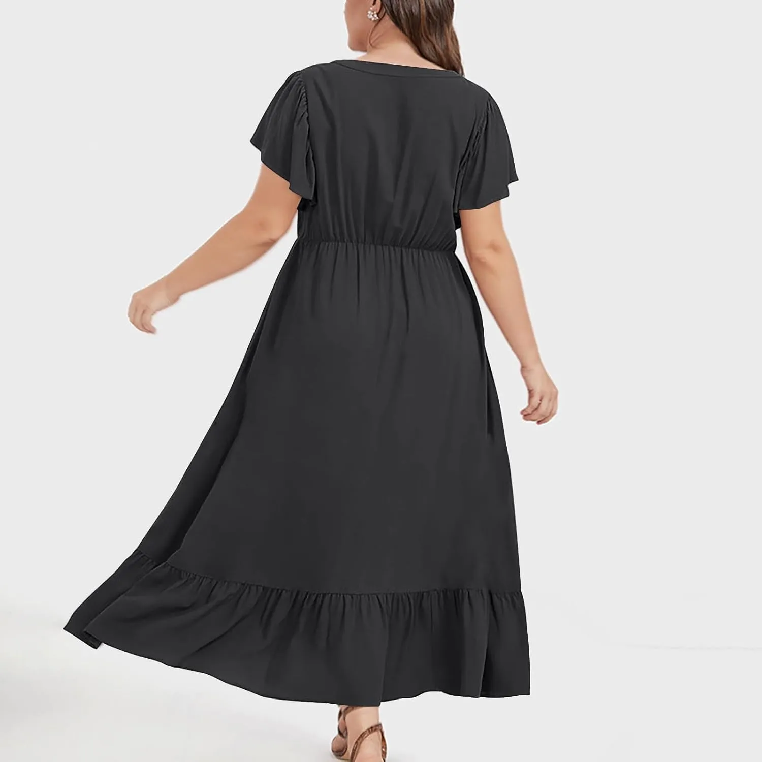 Women's 2025 Summer Casual Dresses Flutter Short Sleeve Smocked Elastic Waist Tiered Midi Dress Pocket Plus L-5XL