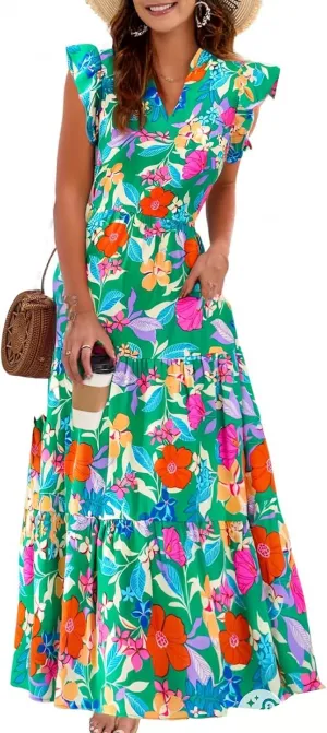 Women's 2025 Summer Floral Midi Dress Cap Sleeve V Neck Ruffle Long Flowy Boho Casual Beach Vacation Dresses