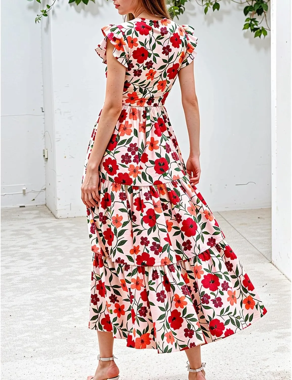 Women's 2025 Summer Floral Midi Dress Cap Sleeve V Neck Ruffle Long Flowy Boho Casual Beach Vacation Dresses