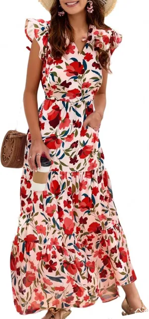 Women's 2025 Summer Floral Midi Dress Cap Sleeve V Neck Ruffle Long Flowy Boho Casual Beach Vacation Dresses