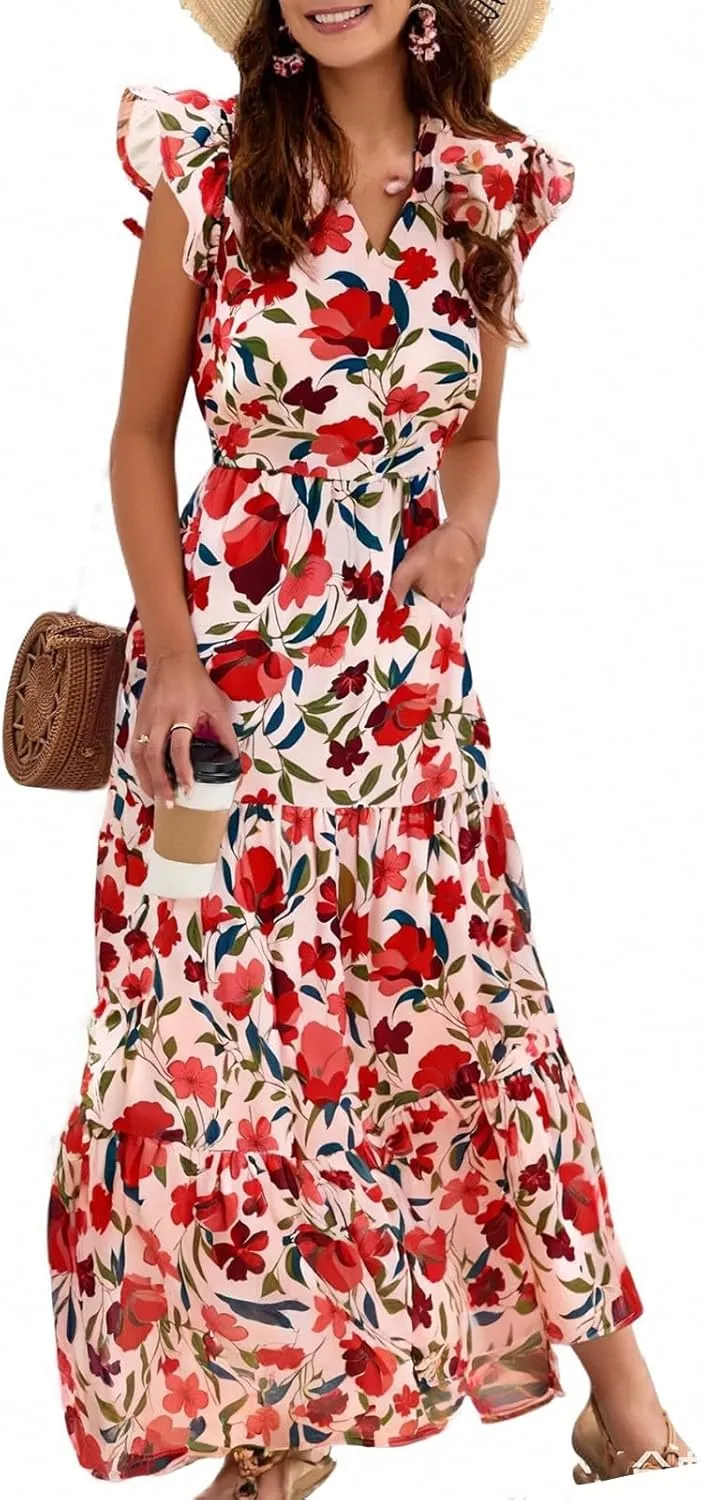 Women's 2025 Summer Floral Midi Dress Cap Sleeve V Neck Ruffle Long Flowy Boho Casual Beach Vacation Dresses
