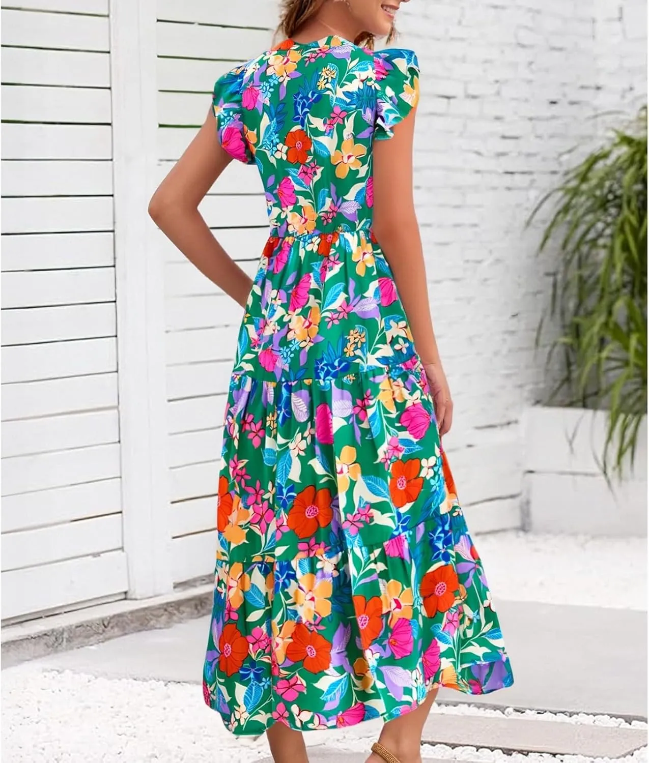Women's 2025 Summer Floral Midi Dress Cap Sleeve V Neck Ruffle Long Flowy Boho Casual Beach Vacation Dresses