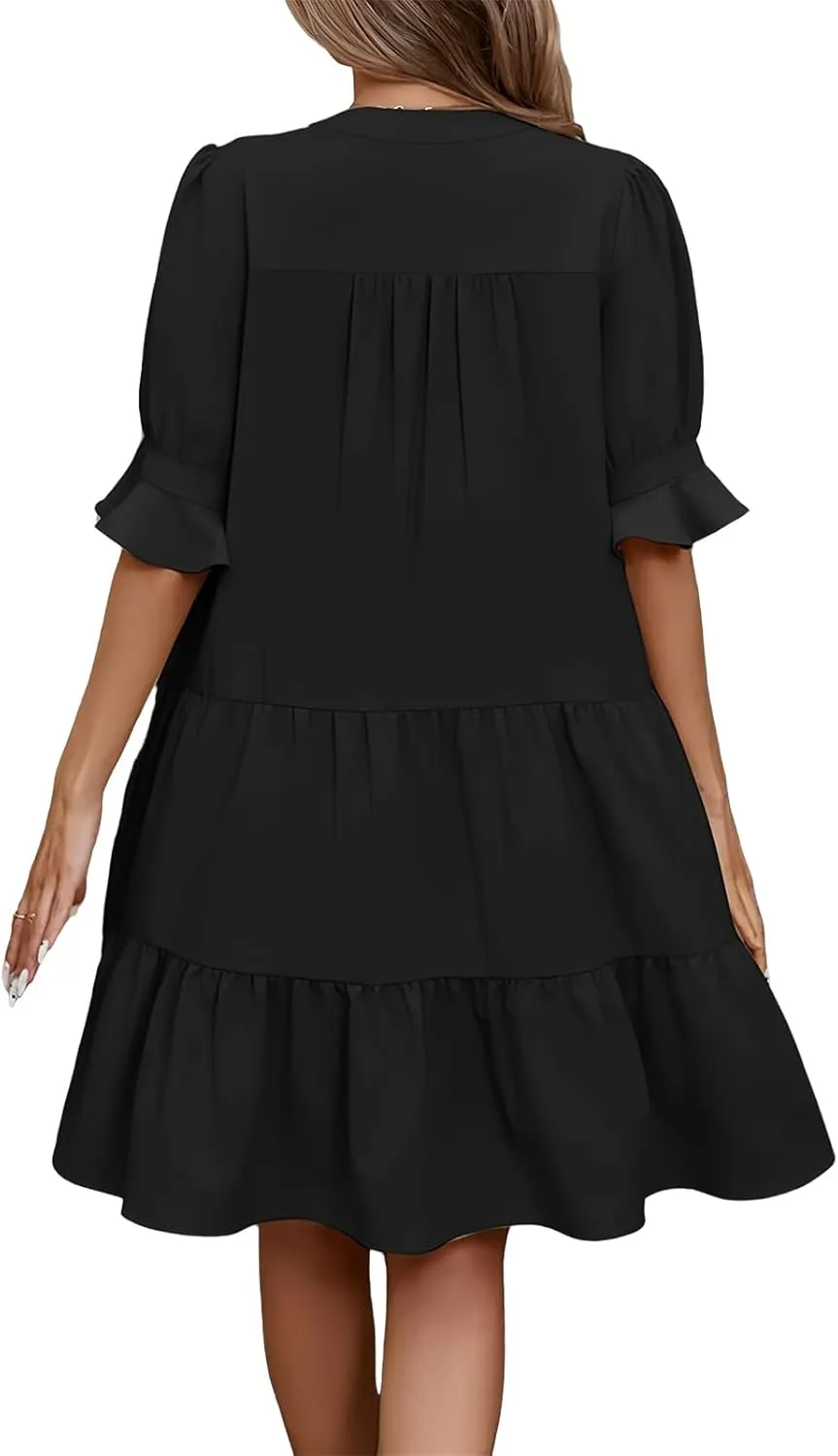 Women's 2025 Summer Midi Dress Casual V Neck Short Puff Sleeve Flowy Beach Vacation Trendy Sundresses