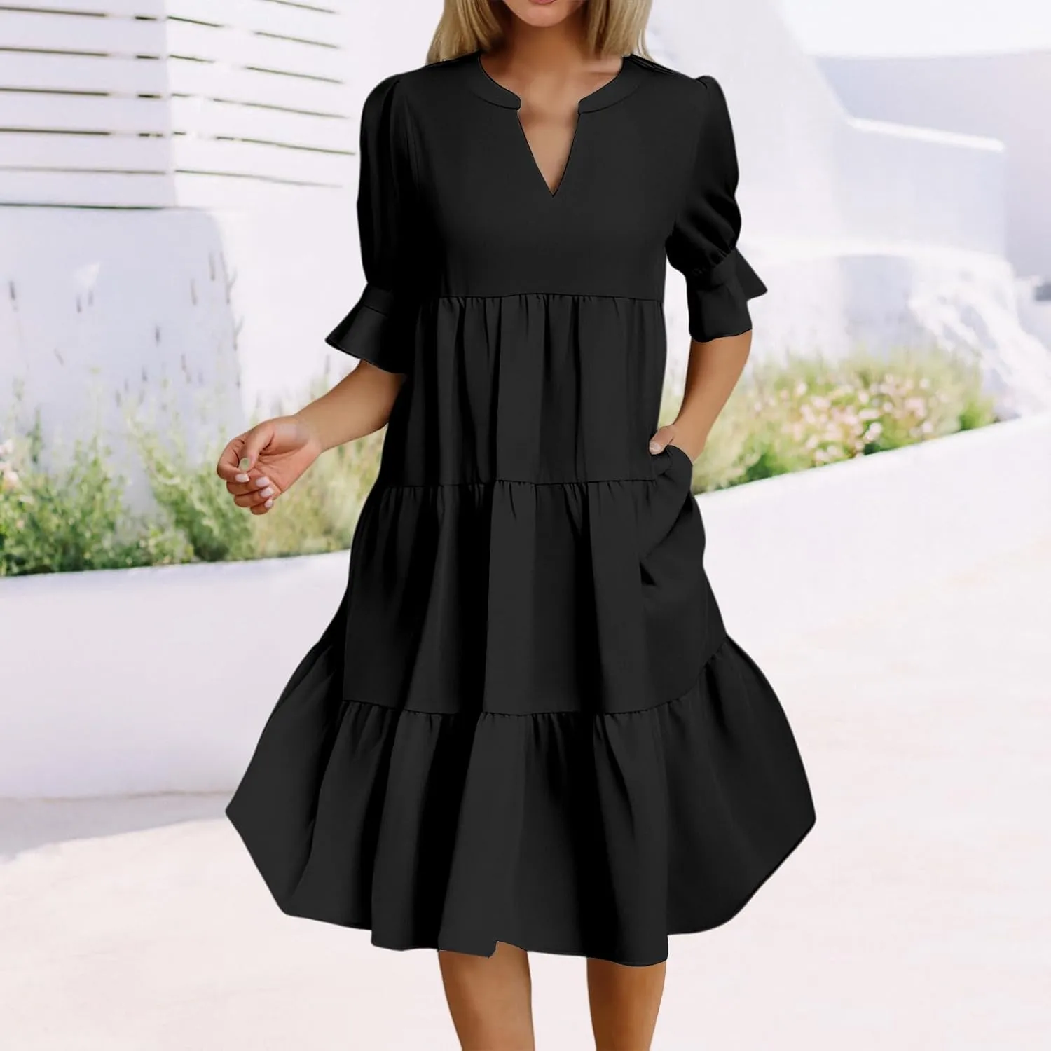Women's 2025 Summer Midi Dress Casual V Neck Short Puff Sleeve Flowy Beach Vacation Trendy Sundresses