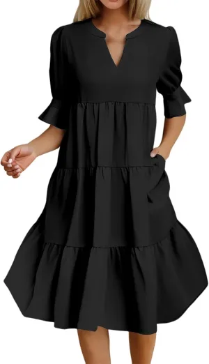 Women's 2025 Summer Midi Dress Casual V Neck Short Puff Sleeve Flowy Beach Vacation Trendy Sundresses