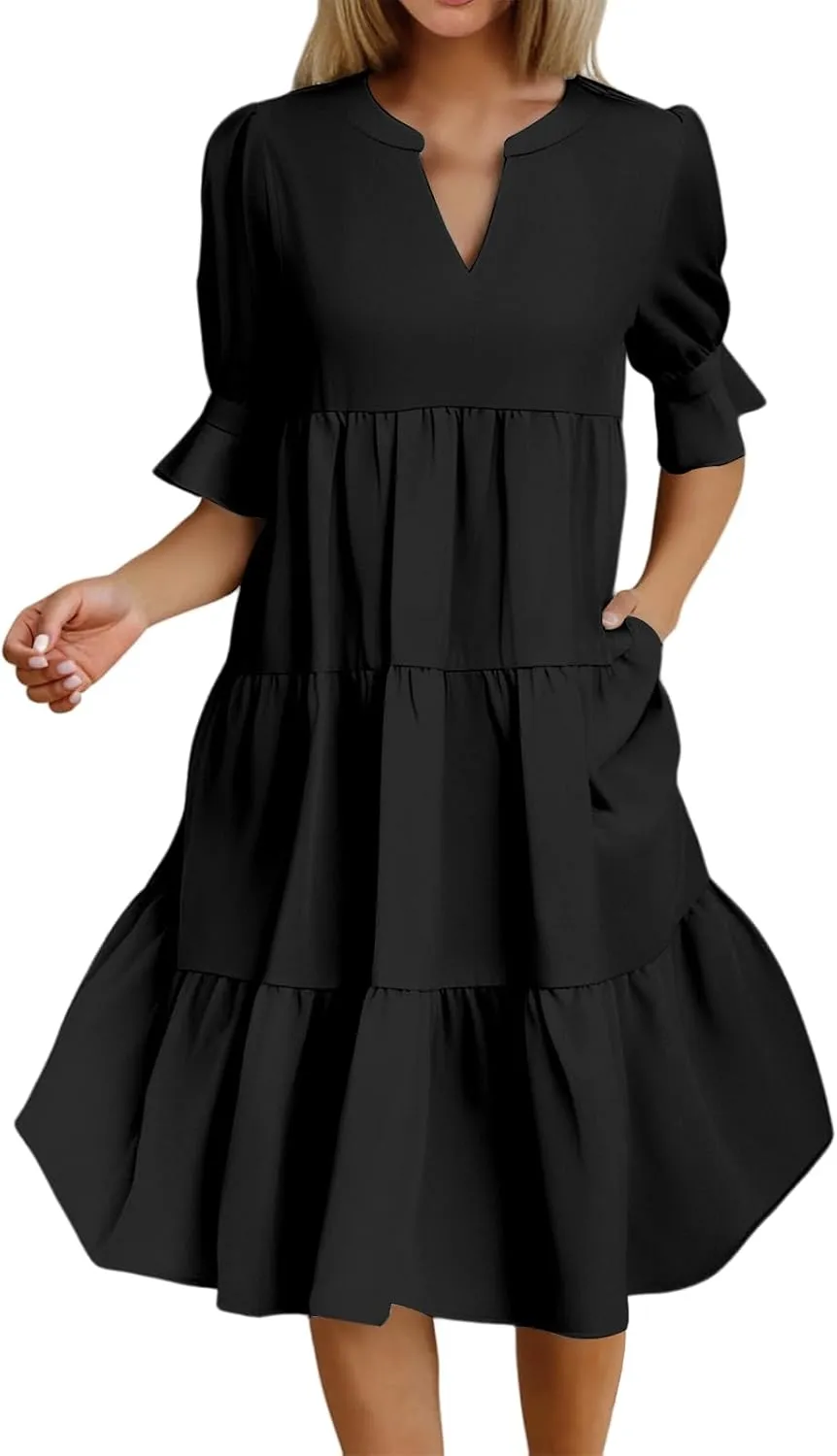 Women's 2025 Summer Midi Dress Casual V Neck Short Puff Sleeve Flowy Beach Vacation Trendy Sundresses