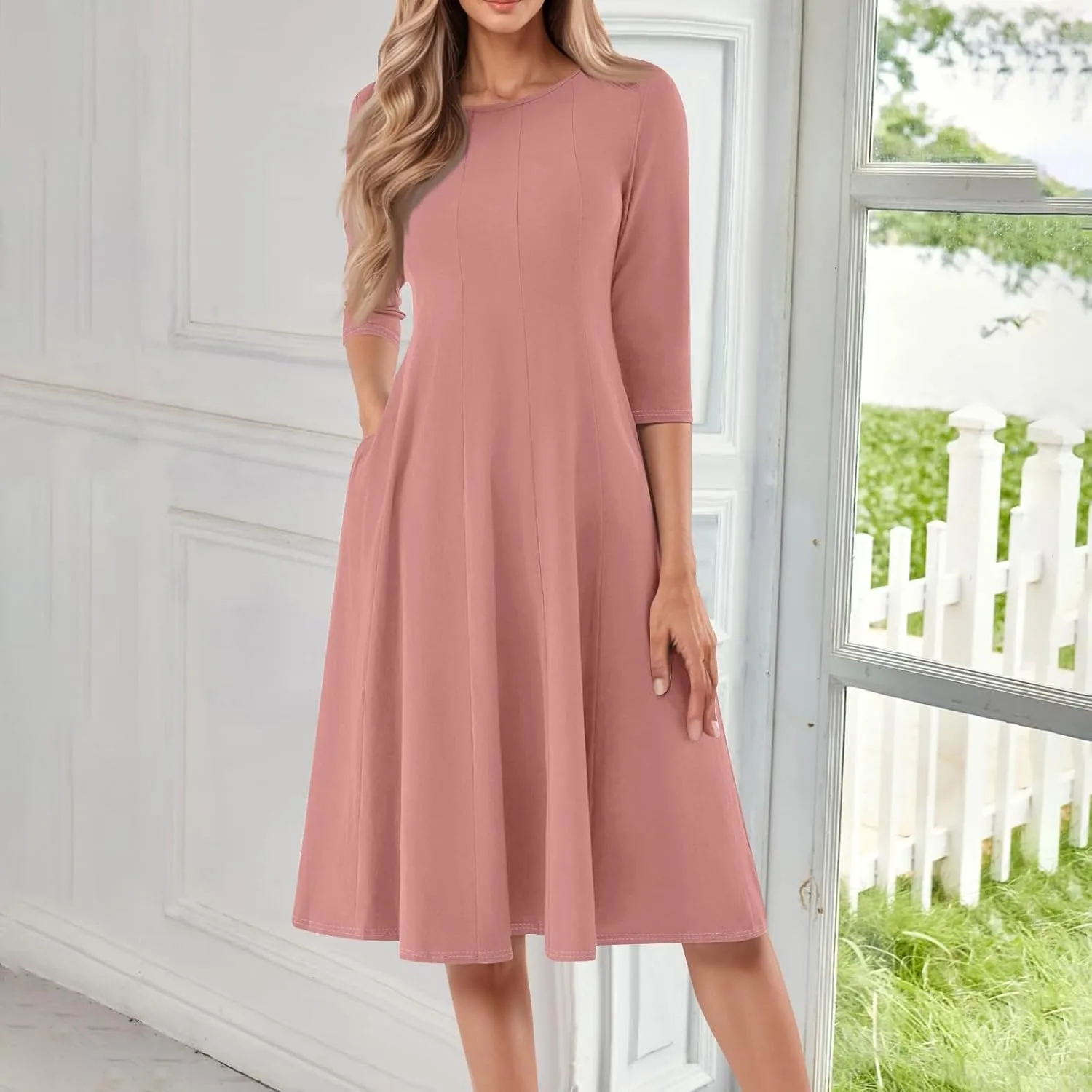 Womens 2025 Trendy Dresses Crew Neck 3/4 Sleeve A Line Loose Casual Midi Dress with Pockets