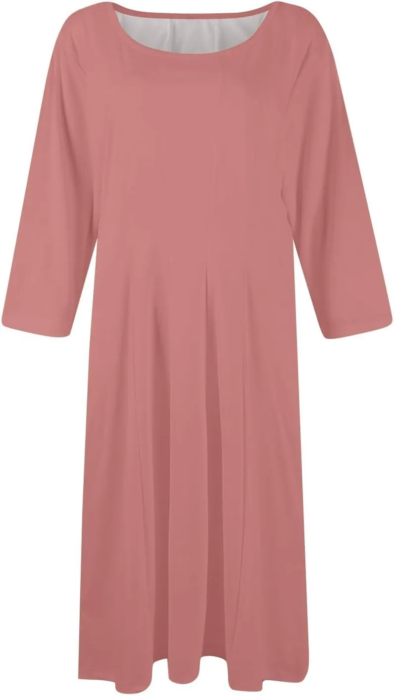 Womens 2025 Trendy Dresses Crew Neck 3/4 Sleeve A Line Loose Casual Midi Dress with Pockets