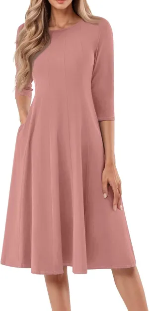 Womens 2025 Trendy Dresses Crew Neck 3/4 Sleeve A Line Loose Casual Midi Dress with Pockets