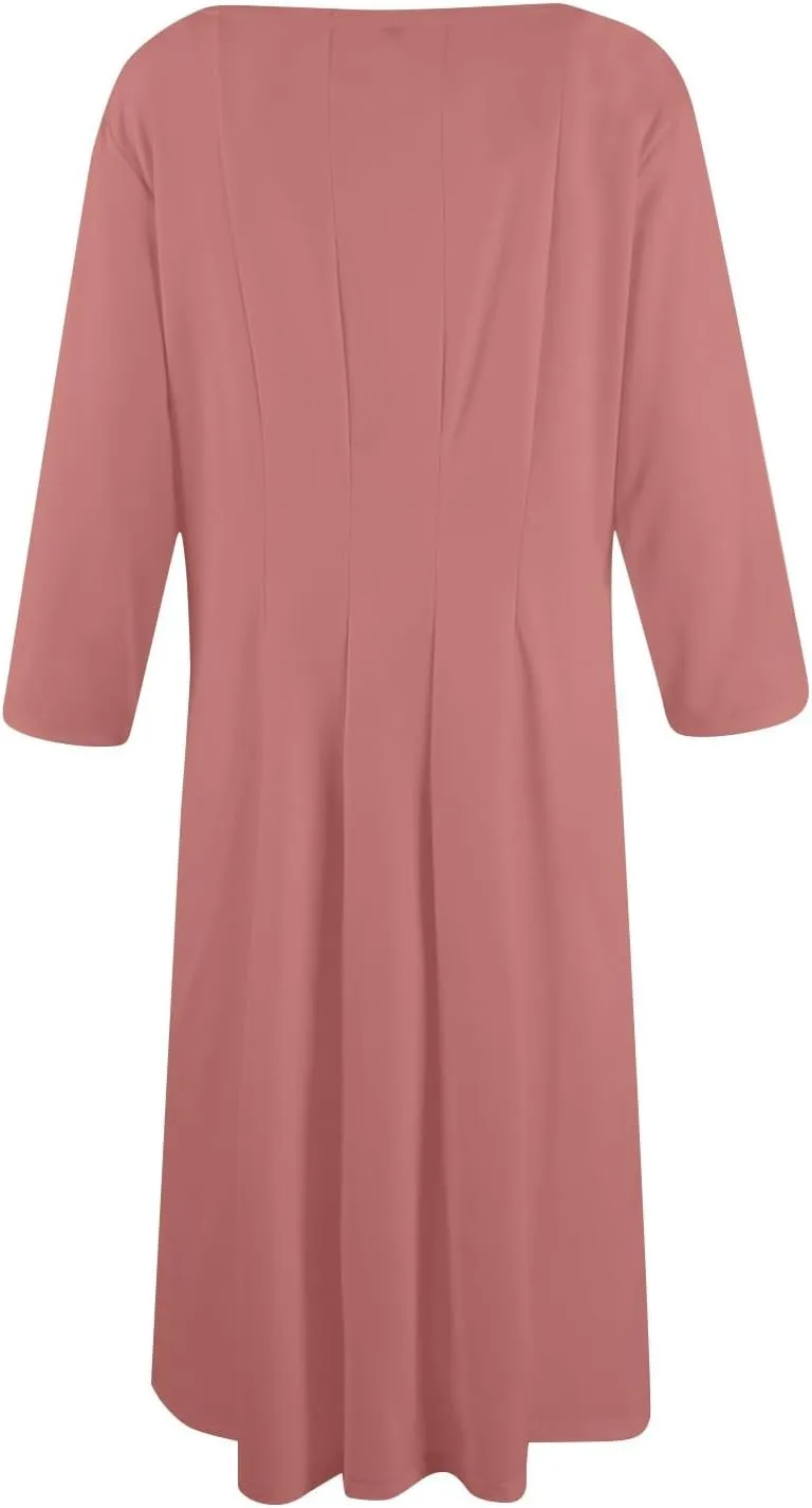 Womens 2025 Trendy Dresses Crew Neck 3/4 Sleeve A Line Loose Casual Midi Dress with Pockets