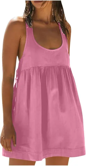Womens Babydoll Tank Dress Scoop Neck Sleeveless Mini Dresses Summer Trendy Casual Loose Flowy Vacation Dress
