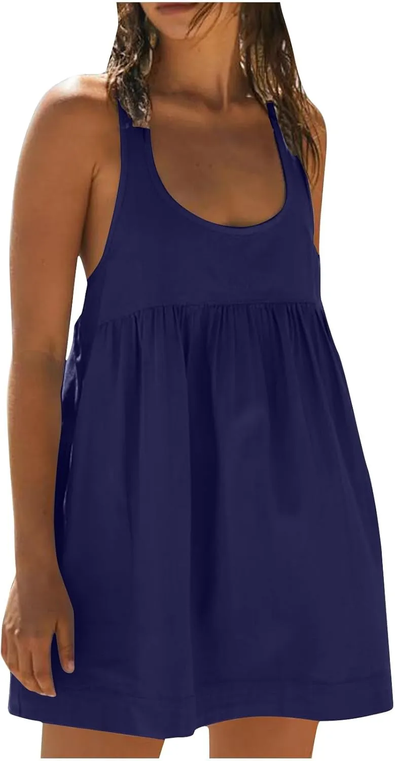 Womens Babydoll Tank Dress Scoop Neck Sleeveless Mini Dresses Summer Trendy Casual Loose Flowy Vacation Dress