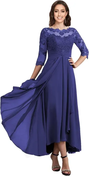 Women's Boat Neck Lace Mother of The Bride Dress with 3/4 Sleeves Chiffon Evening Dress WD106