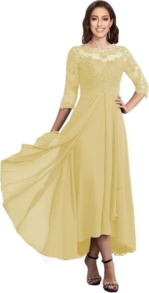 Women's Boat Neck Lace Mother of The Bride Dress with 3/4 Sleeves Chiffon Evening Dress WD106
