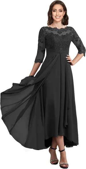 Women's Boat Neck Lace Mother of The Bride Dress with 3/4 Sleeves Chiffon Evening Dress WD106