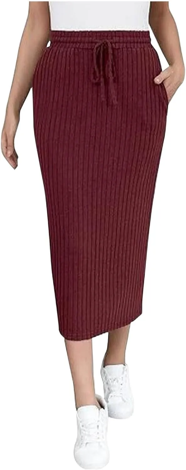Women's Bodycon Knitted Ribbed Pencil Skirts Elastic High Waisted Midi Long Skirt Trendy Casual Fall Spring Outfit