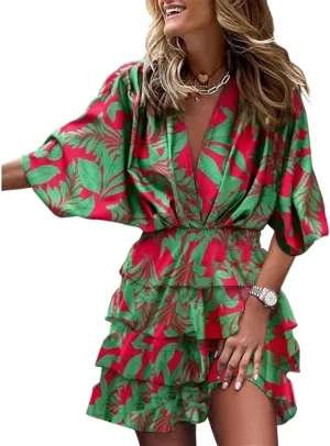 Women's Boho Dress Elegant Ruffles V-neck Half Sleeve Print Mini Dresses Loose Casual Bohemian Sundress