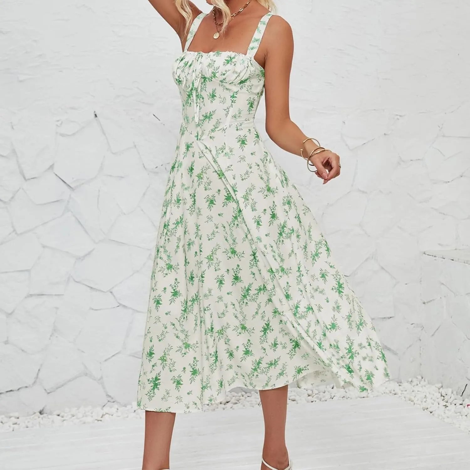 Women's Cami Midi Floral Dress Flowy Sundress Summer Beach Dresses Halter Side Slit Printed Vacation Long Skirts